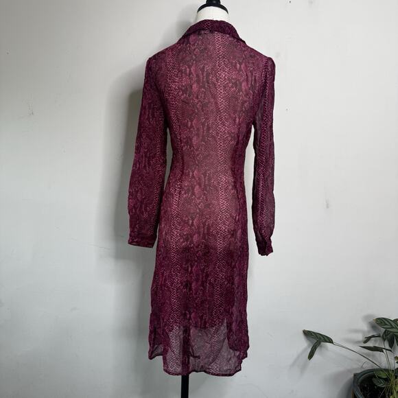 Vintage 90s TRIO Silk Fuchsia Snakeskin Button Front Sheer Midi Fairy Goth 4 - Picture 5 of 6